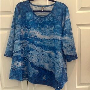 Blue Asymmetrical Graphic 3/4 Sleeve Blouse